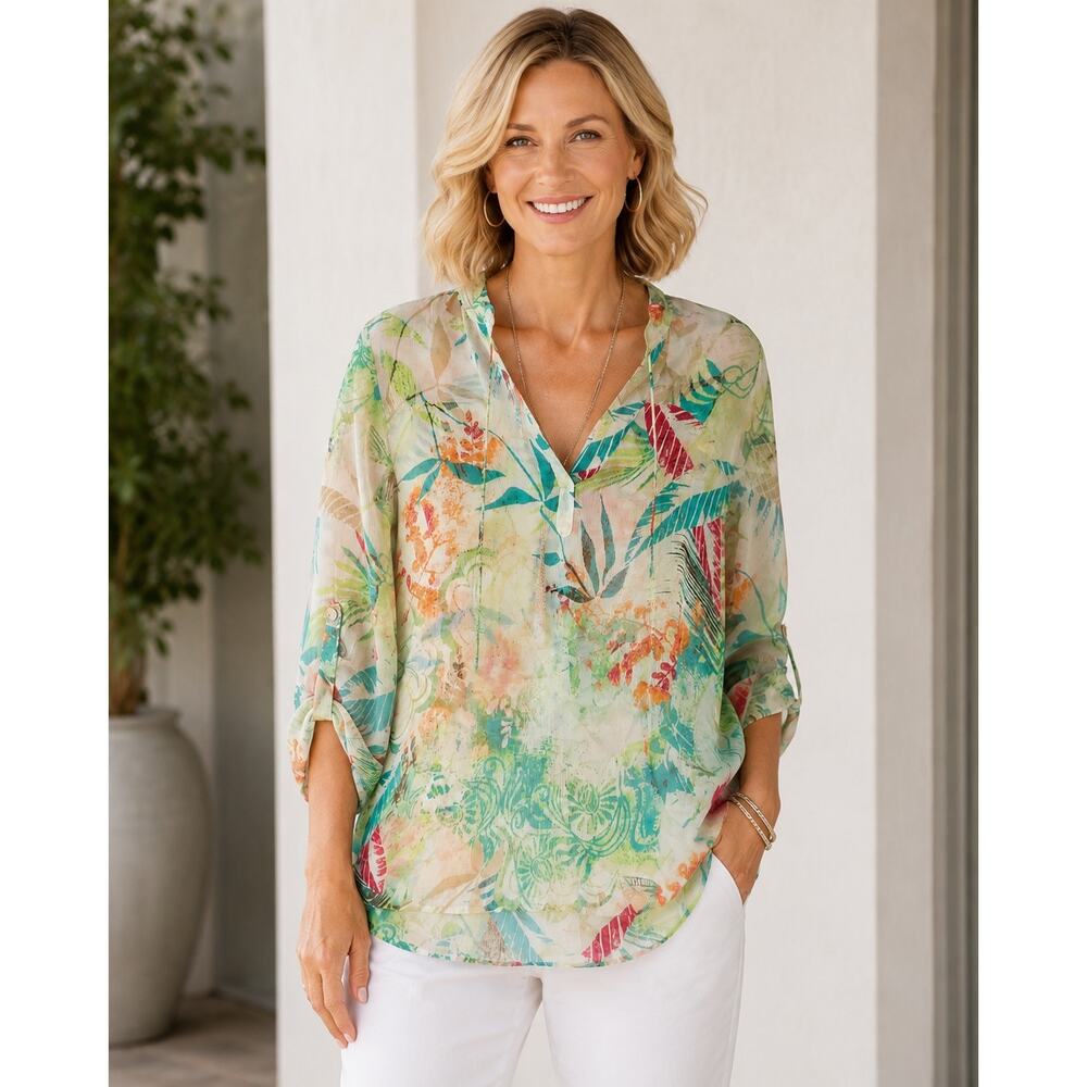 Chico’s Size 1 Tropical Sheer Tunic Top V Neck Roll Tab Lightweight Boho